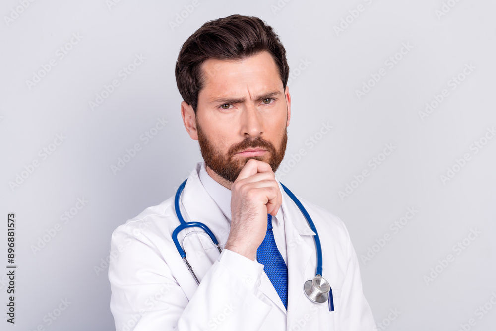 Photo of professional qualified doctor think empty space wear white coat isolated on grey color background Photo of professional qualified doctor think empty space wear white coat isolated on grey color background
