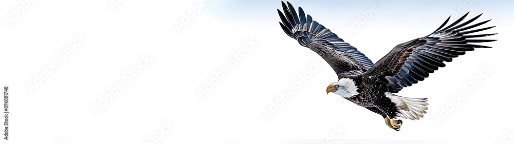 Obraz premium Eagle Gliding in Sky Graceful Eagle Wingspan A majestic eagle soaring through a clear blue sky, showcasing its powerful wings and graceful flight, a stunning view of nature and wildlife.