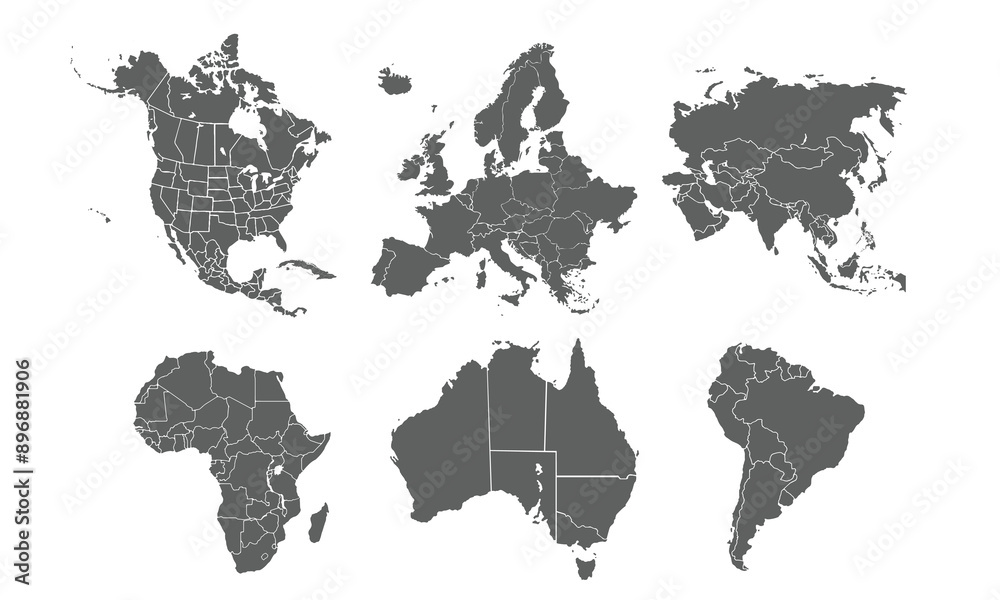 Naklejka premium Territory of continents mapisolated on white background. for website layouts, background, education, precise, customizable, Travel worldwide, map silhouette backdrop, earth geography, political.