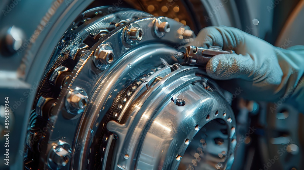detailed close-up of a gloved hand working on a complex mechanical part, possibly part of an industrial machine or engine. The image emphasizes precision, engineering, and technical expertise. detailed close-up of a gloved hand working on a complex mechanical part, possibly part of an industrial machine or engine. The image emphasizes precision, engineering, and technical expertise.