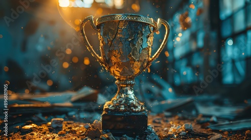  trophy that is cracked or shattered, symbolizing the fragility of success and the reality of setbacks.