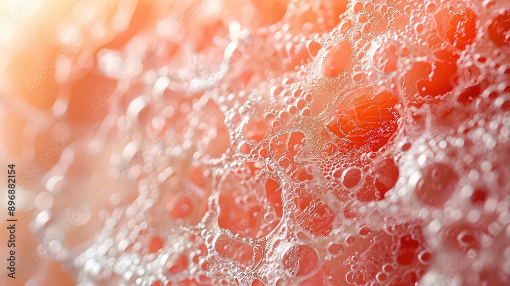 Fototapeta premium Close-up of foamy bubbles on a pink surface, highlighting the delicate texture and intricate details.