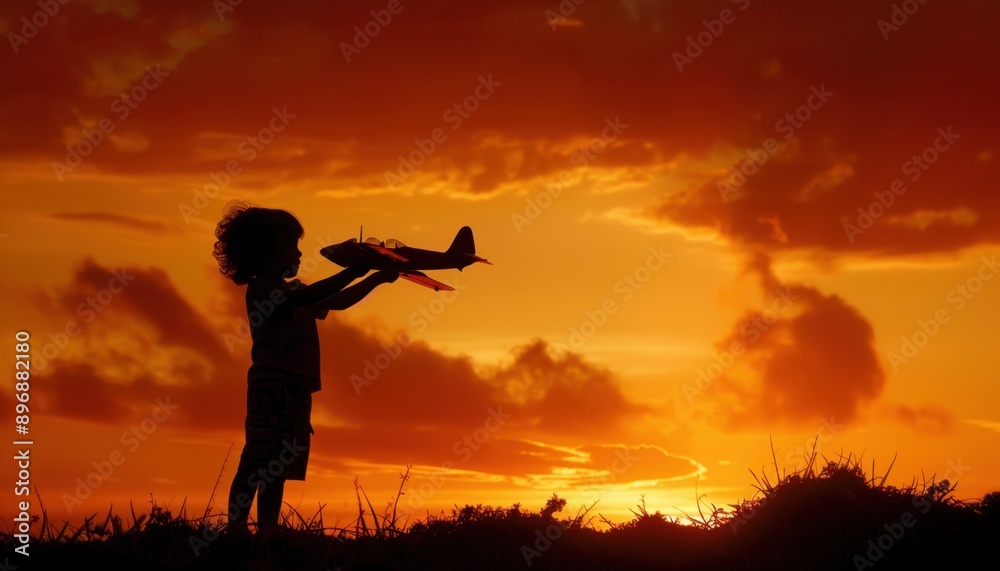 Child Holding Toy Airplane Against a Dramatic Sunset Sky Child Holding Toy Airplane Against a Dramatic Sunset Sky
