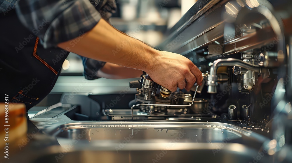 image of a person's hands working on a kitchen appliance, focusing on intricate mechanical adjustments. The setting appears to be a modern kitchen, emphasizing the technical skill and precision requi image of a person's hands working on a kitchen appliance, focusing on intricate mechanical adjustments. The setting appears to be a modern kitchen, emphasizing the technical skill and precision requi