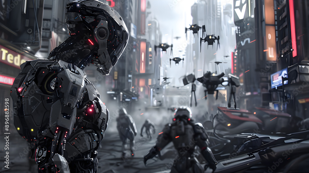 Cybernetic soldier engaged in epic battle with robotic drones in a post-apocalyptic wasteland. Cybernetic soldier engaged in epic battle with robotic drones in a post-apocalyptic wasteland.