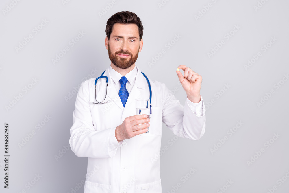 Photo of young handsome doctor intern wear white coat robe hold fresh water vitamins isolated on grey color background Photo of young handsome doctor intern wear white coat robe hold fresh water vitamins isolated on grey color background