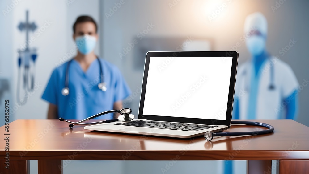 Empty white laptop display on work table with medical background Empty white laptop display on work table with medical background