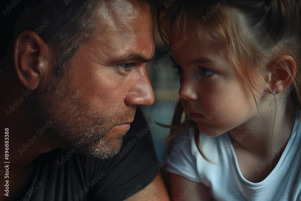 Close-up of a serious father and young daughter facing each other, sharing an intense and emotional moment indoors