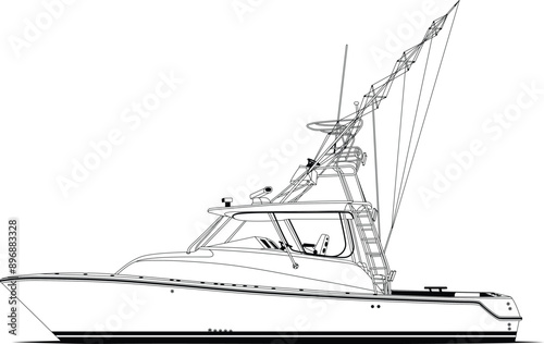 Sport fishing boat vector line art illustration and one-color