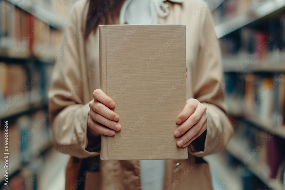 Woman standing in a library aisle holding a blank beige book cover, focus on hands and book