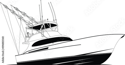Sport fishing boat vector line art illustration and one-color