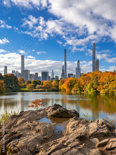 The Lake in Central Park with Billionaires' Row skyscrapers. Autumn on Upper West Side, Manhattan, New York City