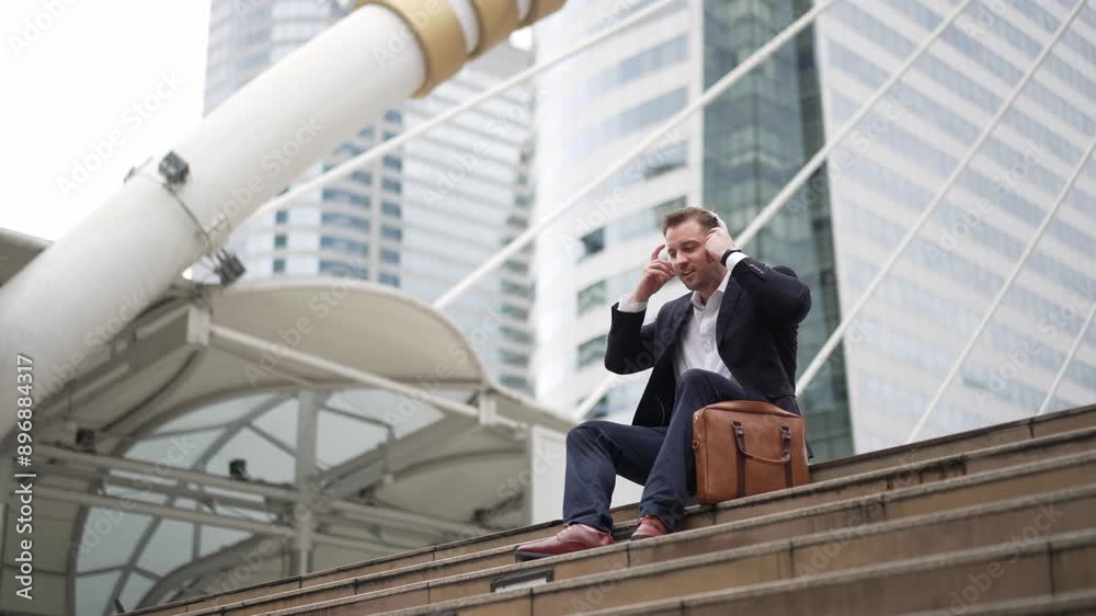 Smart business man wear headphone while sitting at stair in urban city and listen to relaxing music. Happy male leader using headset and moving to song in lively mood surrounded by skyscraper. Urbane. Smart business man wear headphone while sitting at stair in urban city and listen to relaxing music. Happy male leader using headset and moving to song in lively mood surrounded by skyscraper. Urbane.