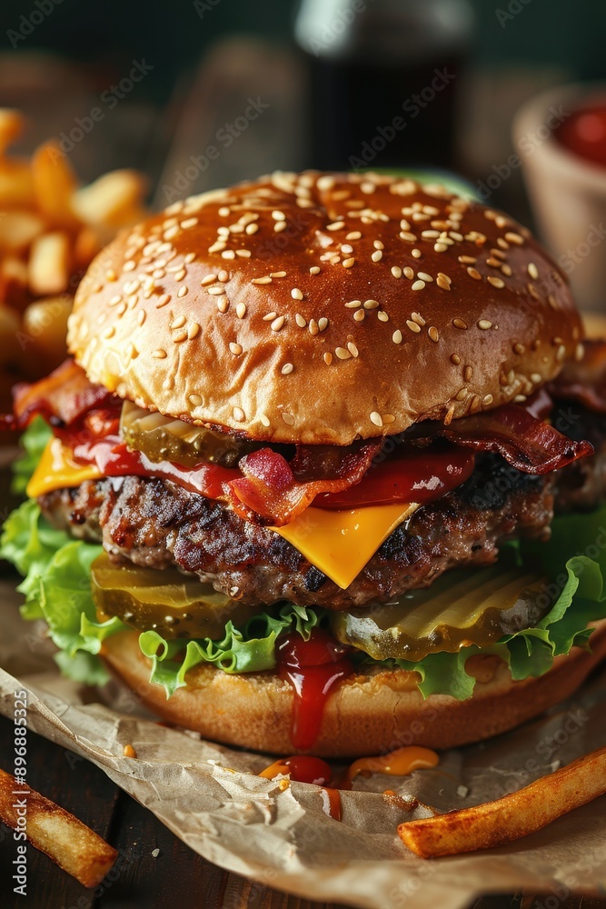 Delicious Juicy Cheeseburger with Bacon, Lettuce, and Pickles on a Sesame Seed Bun with Fries Delicious Juicy Cheeseburger with Bacon, Lettuce, and Pickles on a Sesame Seed Bun with Fries