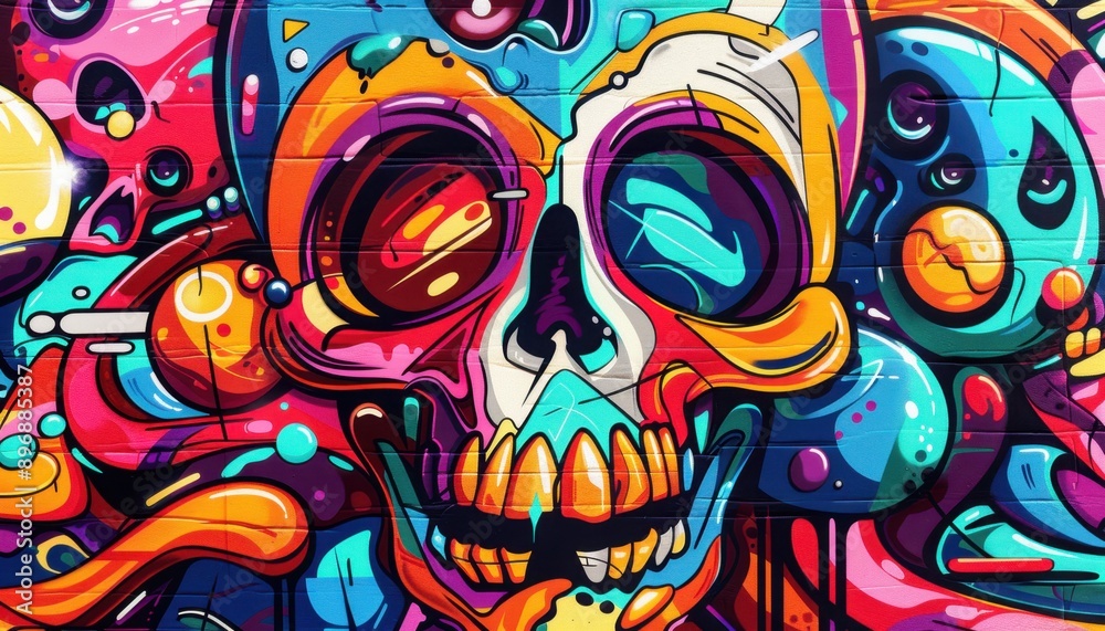 Colorful Skull Graffiti Art on Brick Wall