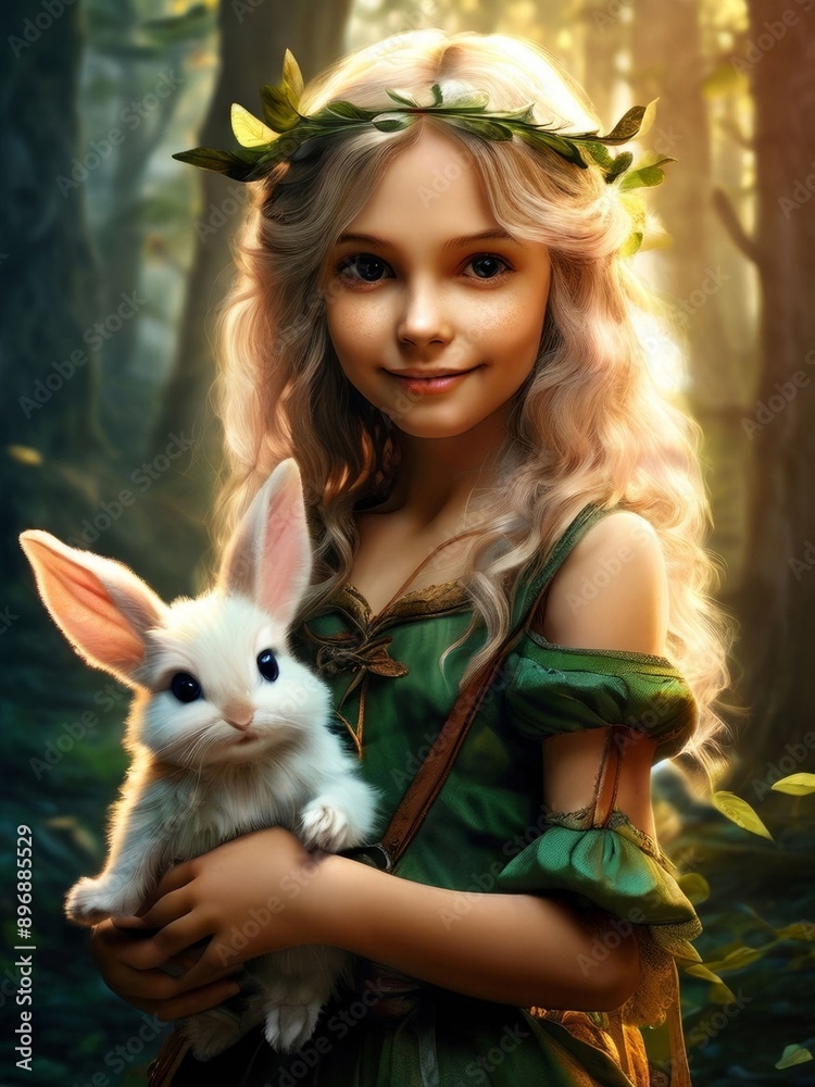 An elven girl in a fairytale forest holds a rabbit in her arms. AI generated. An elven girl in a fairytale forest holds a rabbit in her arms. AI generated.