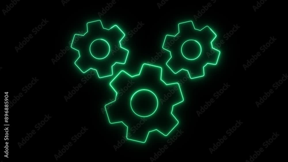  Glowing neon gears icon with animation on a black background. 