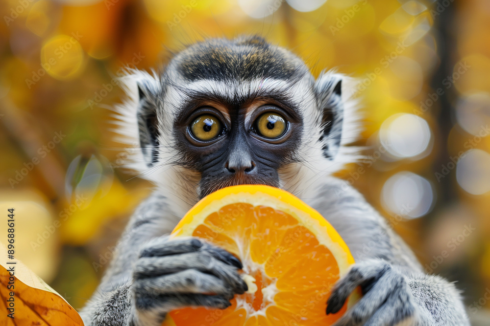 Funny lemur holding a slice of orange
