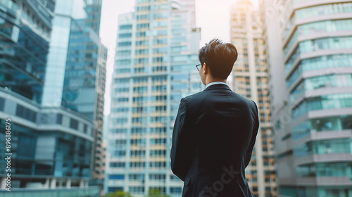 A businessman stands in front of tall glass buildings,