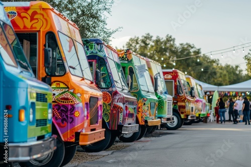 Row of Colorful Food Trucks Lined Up at an Event