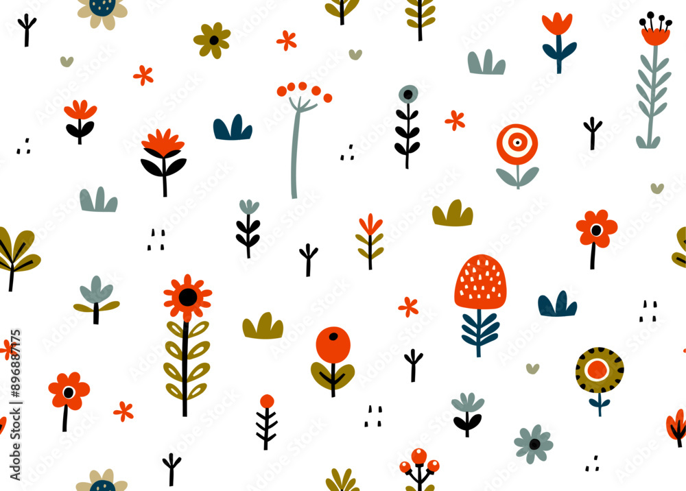 Hand-Drawn Nordic Flower Design for Fabric and Home Decor.