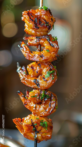 Grilled shrimp skewers with herbs, close-up
