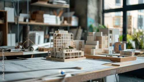 Detailed Wooden Model of a Modern Building in an Architect's Studio