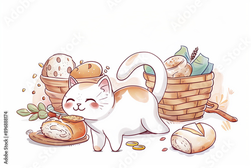 set of types of bread and cute cat, background photo