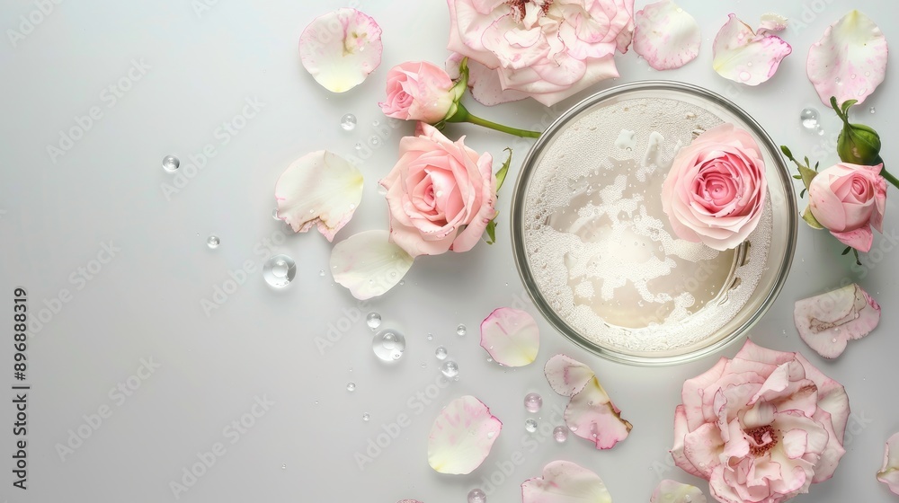 Top view of natural skincare products and pink roses in petri dish with space for text Organic beauty research in herbal cosmetic lab Top view of natural skincare products and pink roses in petri dish with space for text Organic beauty research in herbal cosmetic lab