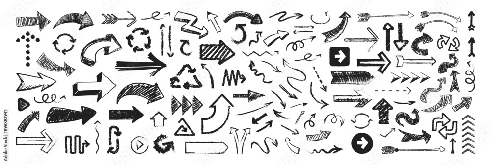 Chalk hand drawn pencil arrows. Big set black scribble arrows icons in hand drawn style. Doodle arrow sketch sign and set of hand drawn.