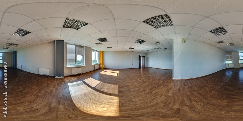 360 hdri panorama in interior of empty room with repair for office with sun light from windows in equirectangular full seamless spherical  projection
