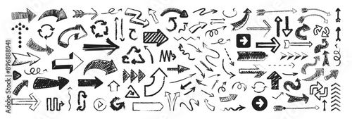 Chalk hand drawn pencil arrows. Big set black scribble arrows icons in hand drawn style. Doodle arrow sketch sign and set of hand drawn.