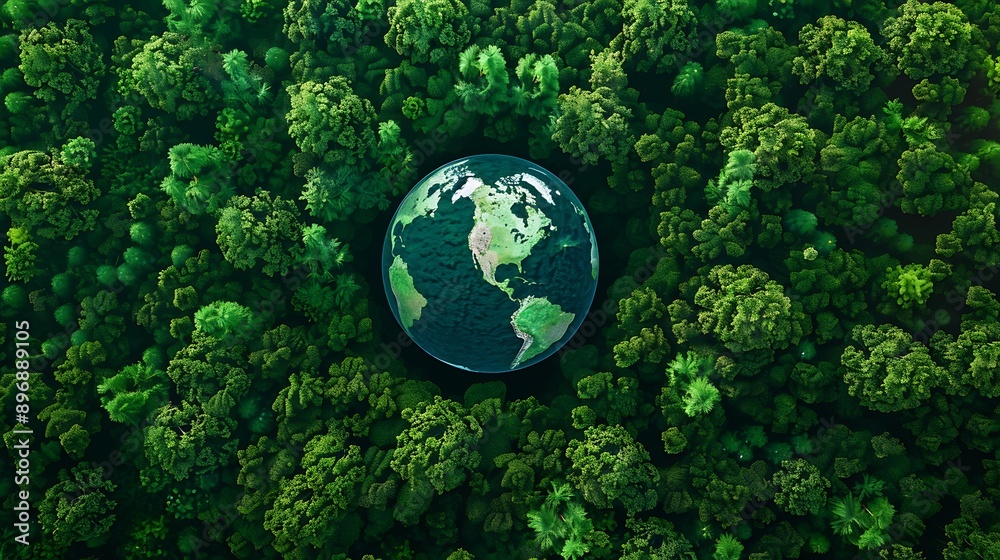 Aerial top view green forest with globe earth green planet Aerial top view green forest with globe earth green planet