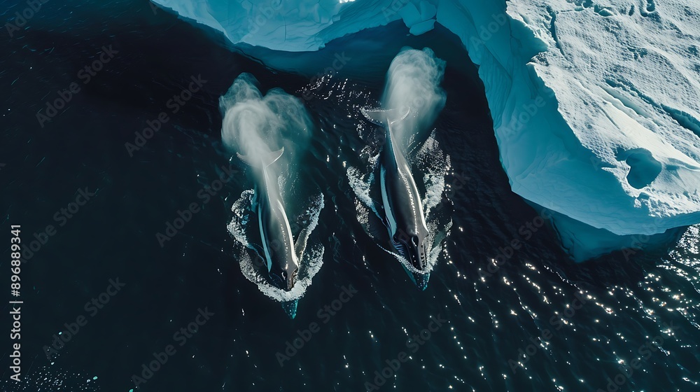 Obraz premium Aerial view of two humpback whales spouting and eating in front of an Iceberg