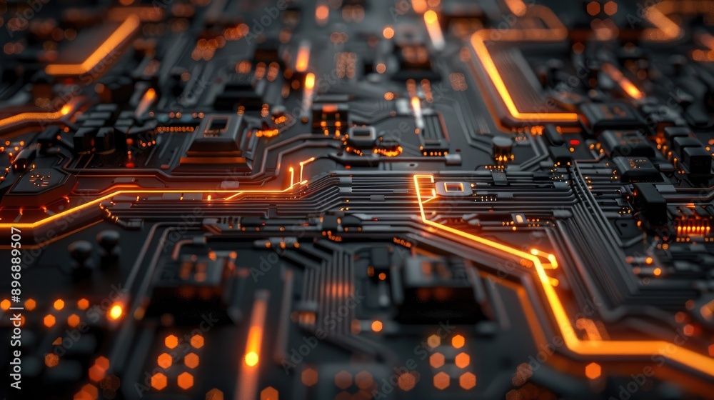 High-tech 3D circuit board with intricate patterns and glowing elements High-tech 3D circuit board with intricate patterns and glowing elements