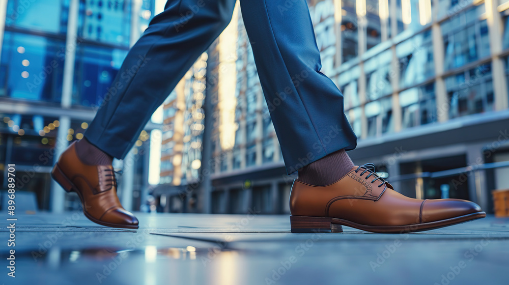 A close-up of the feet and shoes of an elegant man in business attire walking on concrete A close-up of the feet and shoes of an elegant man in business attire walking on concrete