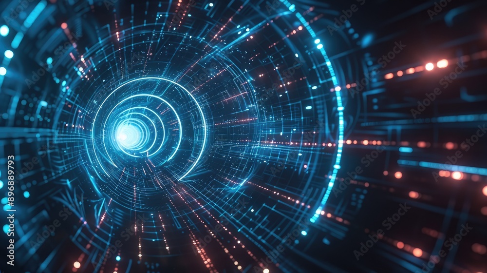 High-tech 3D tunnel with interconnected digital lines and lights High-tech 3D tunnel with interconnected digital lines and lights
