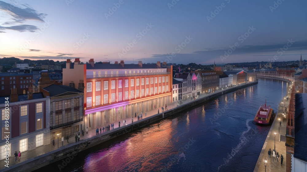 Fototapeta premium A lively cityscape at twilight featuring buildings illuminated with colorful lights reflecting on a serene river. People stroll along the riverside, adding to the urban charm.