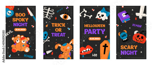 Happy Halloween party posters set or flyers set. Cute vector flat cartoon cards with voodoo dolls, pumpkin, skull, cross, eye, coffin . Vector stock illustration for social media
