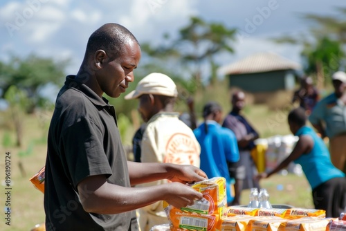 Man Arranging Boxes of Instant Noodles in Kenya