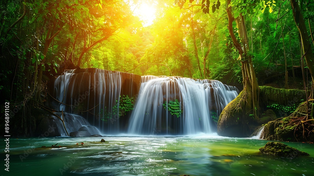 Obraz premium beautiful waterfall in green forest in jungle at phu tub berk mountain