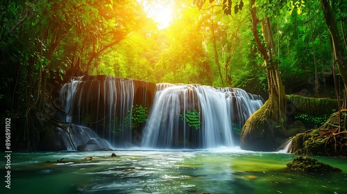 beautiful waterfall in green forest in jungle at phu tub berk mountain
