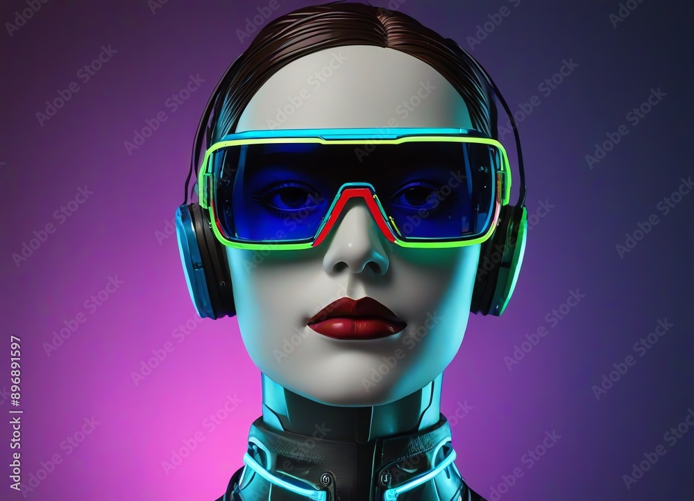 An illustration of of a futuristic mannequin head wearing neon-colored high-tech glasses An illustration of of a futuristic mannequin head wearing neon-colored high-tech glasses
