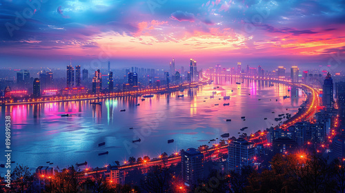 Stunning twilight cityscape with vibrant, colorful lights illuminating high-rise buildings and reflecting on a serene river. The city is alive with energy, showcasing its modern beauty.