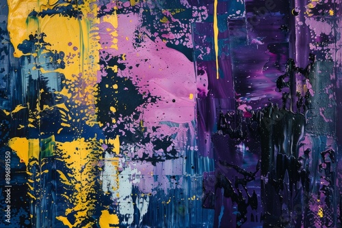 Colorful and vibrant abstract acrylic painting with bold brushstrokes and a mix of purple. Yellow. And blue on canvas. Creating a modern and contemporary artwork for wall decor and gallery decoration