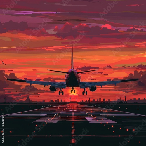 Airplane Launching into the Sunset Sky from Runway