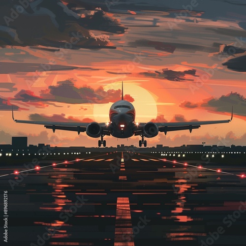 Sunset-Silhouetted Airplane Taking Off from Runway