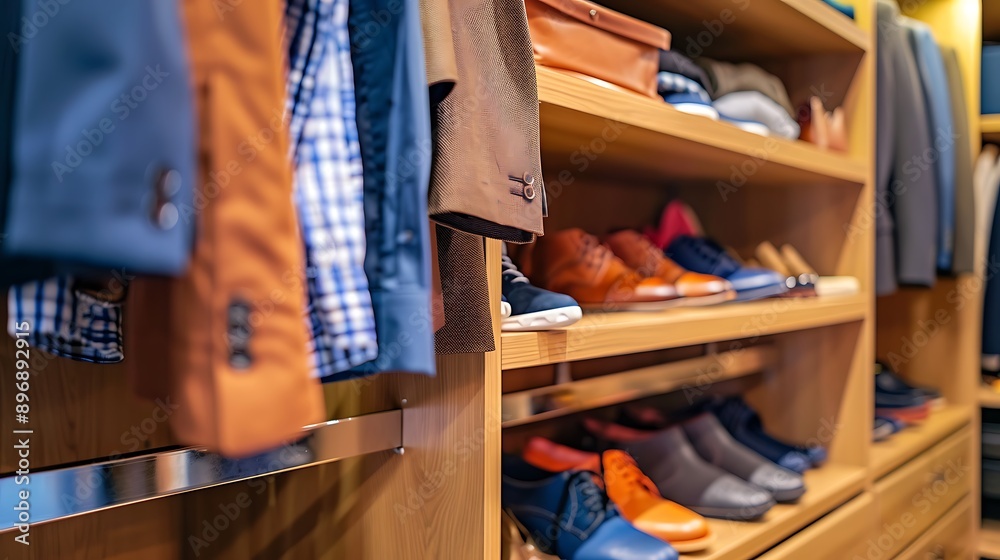 Closeup view of closet with shoes and hanging clothes modern dressing room Closeup view of closet with shoes and hanging clothes modern dressing room