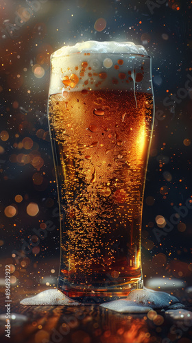A pint of beer glowing with bubbles and frothy foam, set against a dark background with bokeh lights, creating a festive atmosphere.