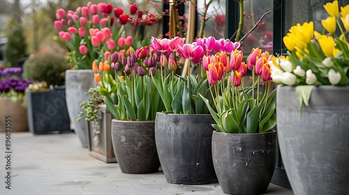 Wallpaper Mural Colorful tulip flowers in large beautiful pots Torontodigital.ca